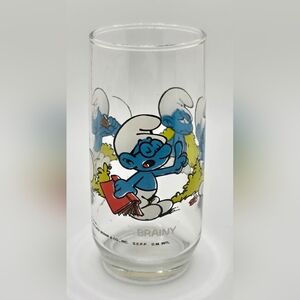 Vintage Brainy Smurf Collectible  Drinking Glass 1982 Peyo by Wallace Berrie EUC